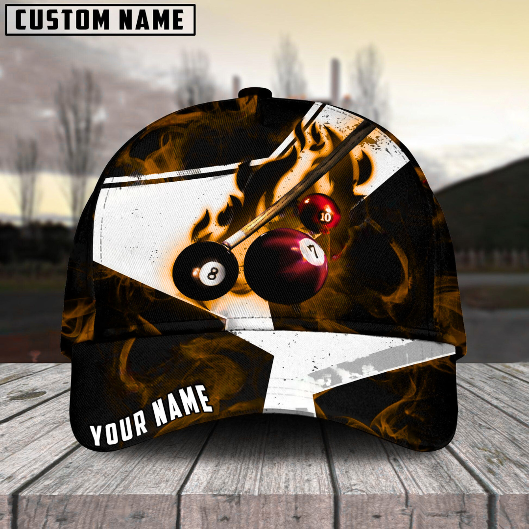 Customized Billiard Cap, Billiard Pool Ball 8 Dark Flame Stroke Personalized Name 3D Hats, Best Billiard Pool Hat For Billiard Players (7 Colors)