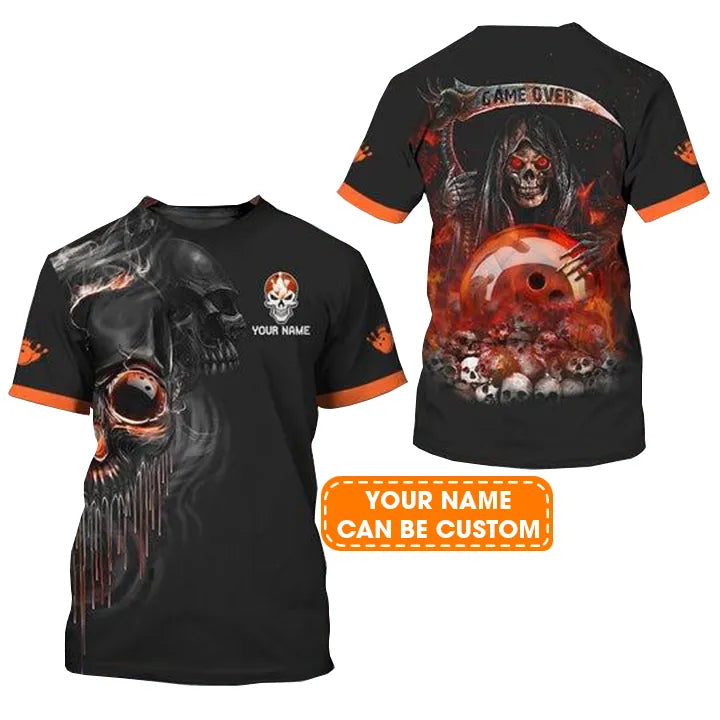 Customized Name Bowling T Shirt, Orange Grim Reaper Bowling Personalized Bowling T Shirt For Men - Gift For Bowling Lovers, Bowlers