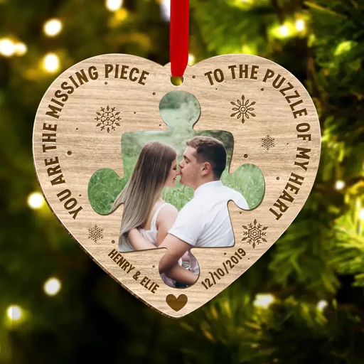Custom Missing Piece Couple Photo Wooden Ornament, Personalized Couple Photo Wood Ornament - Christmas Gift For Couple, Birthday, Anniversary