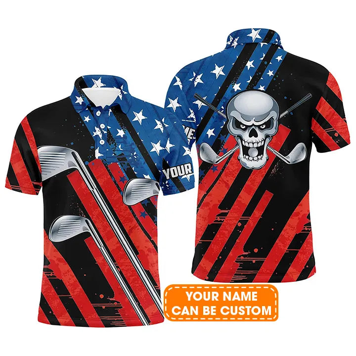 Custom Golf Long Sleeve Men Polo Shirt - American Flag 4th July Skull Golf Clubs Custom Name Apparel - Personalized Gift For Men, Golf Lover