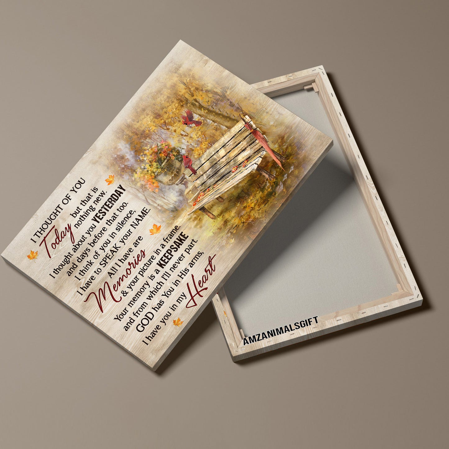 Memorial Premium Wrapped Landscape Canvas - Wooden Chair, Red Cardinal, Beautiful Autumn Park, I Thought Of You Today - Heaven Gift For Members Family