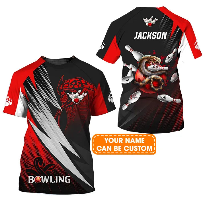 Bowling Custom Name T Shirt, Strike Bloody Snake Bowling Ball On Fire Personalized Name T-Shirt For Men, Gift For Bowling Lovers, Bowlers, Team