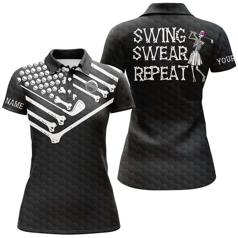 Customized Golf Women Polo Shirt, Skeleton American Flag Personalized Swing Swear Repeat Black White - Perfect Gift For Ladies, Golf Lovers, Golfers