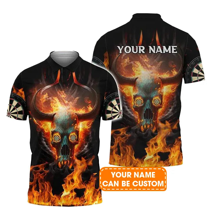 Customized Darts Polo Shirt, Personalized Name Flame Skull And Darts Polo Shirt For Men - Perfect Gift For Darts Lovers, Darts Players