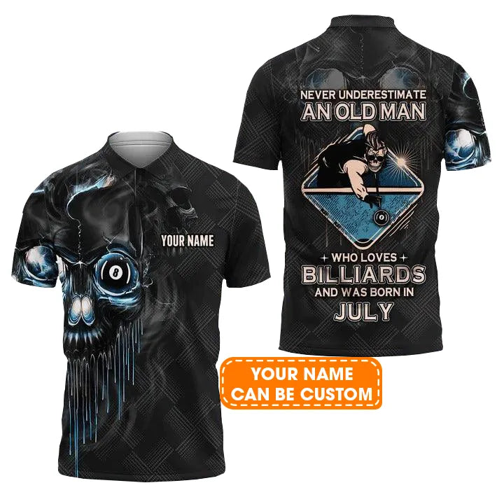 Customized Billiard Men Polo Shirts - Pool 8 Ball Never Underestimate An Old Man And Was Born In July Personalized Polo Shirt - Gift For Billiard Lovers