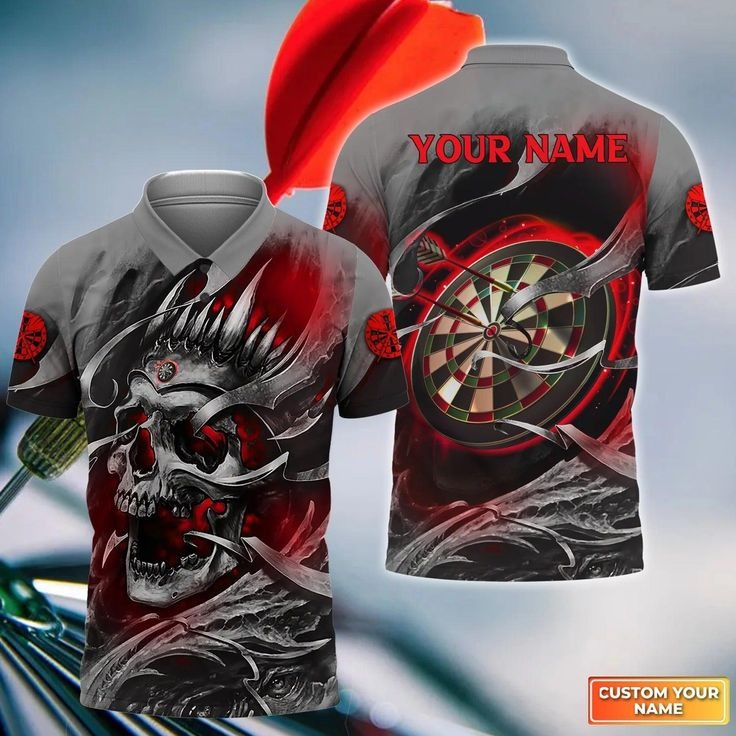 Darts Men Polo Shirt Custom Name - Red Skull Dartboard Personalized Polo Shirt For Men - Gift For Darts Player, Friend, Family