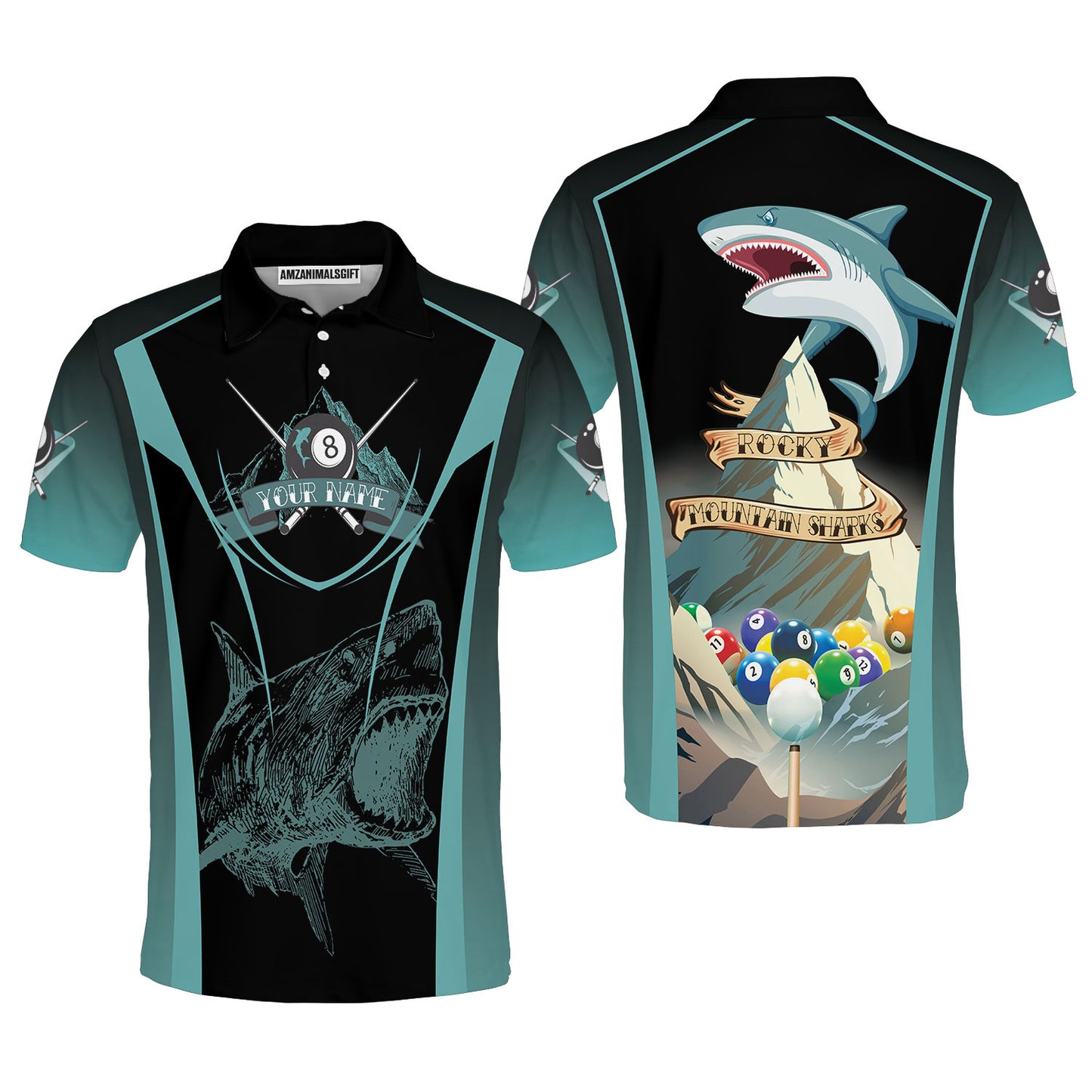 8 Ball Pool Billiards Custom Name Men Polo Shirts, Personalized 8 Ball Pool Shirt, Rocky Mountain Sharks Shirt - Best Gift For Billiards Lovers