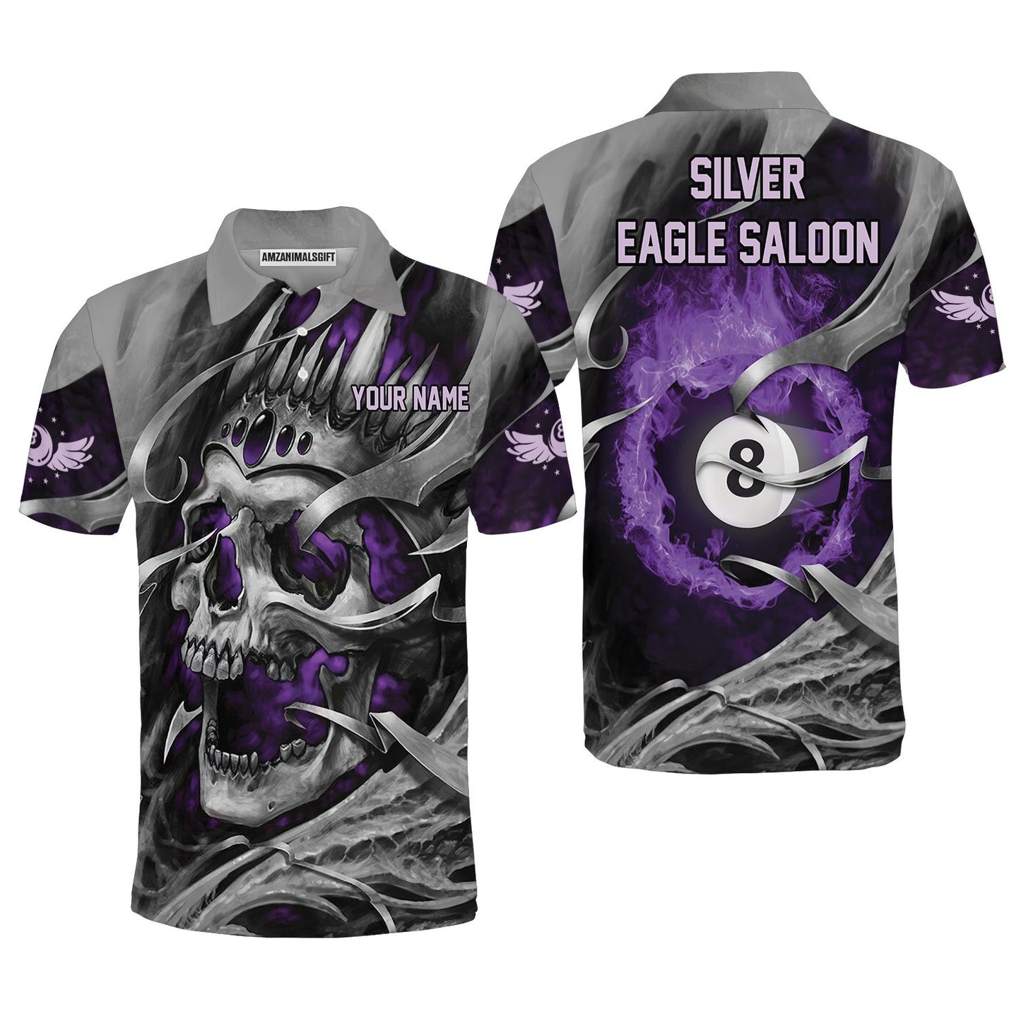 8 Ball Pool Billiards Custom Name Men Polo Shirts, Personalized 8 Ball Pool Shirt, Skull Flaming Purple Shirt, Best Gift For Billiards Lovers