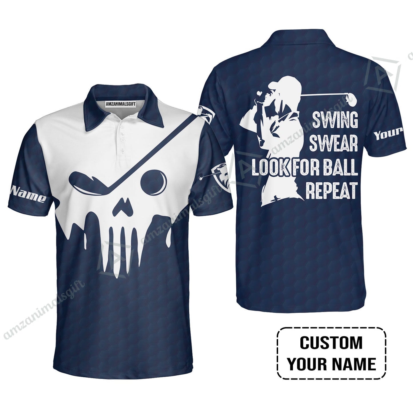 Golf T-Shirt - Custom Name Golf Skull - Swing Swear Look For Ball Repeat T-Shirt