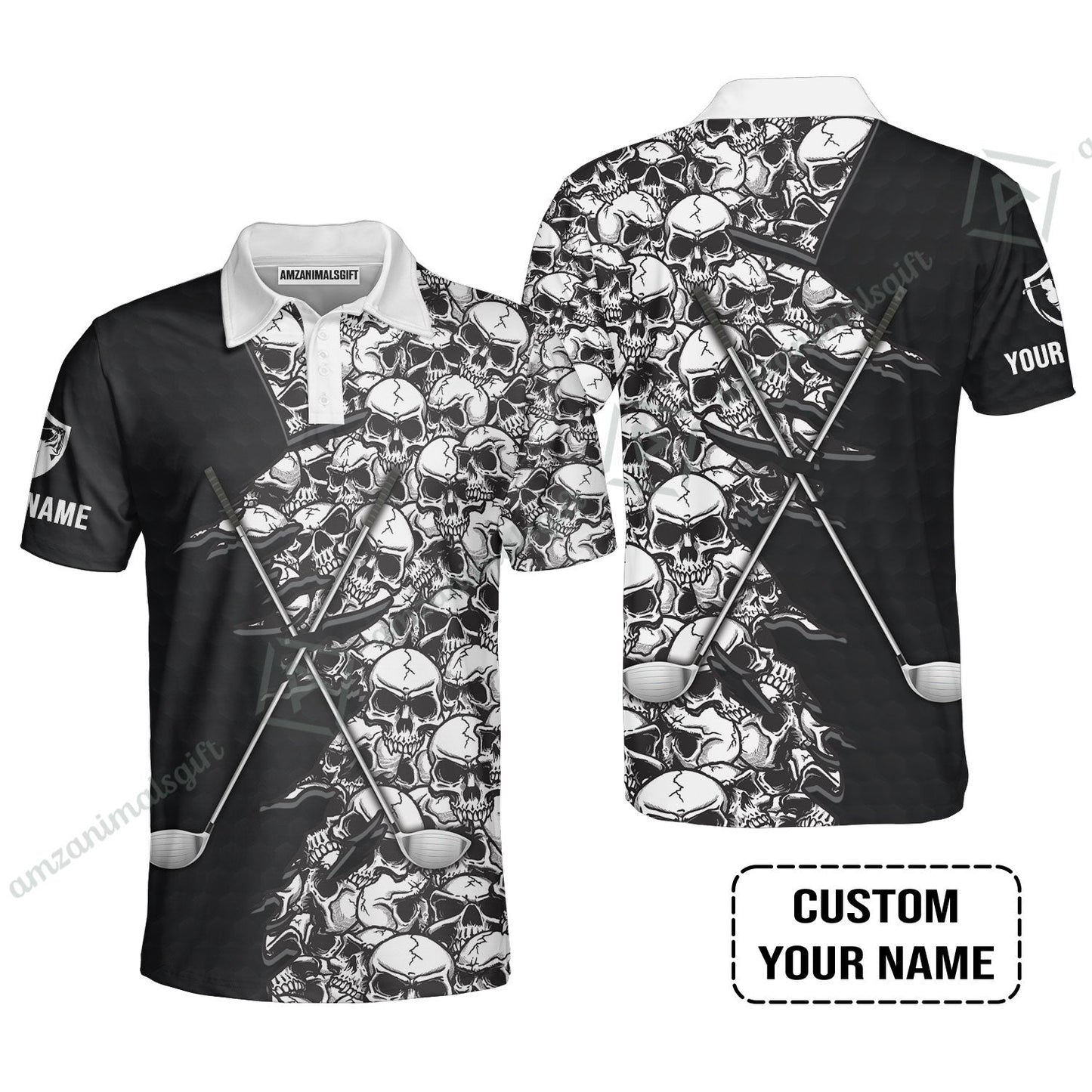 Golf T-Shirt, Pattern Skull Golf Clubs Performance Custom Name Apparel - Personalized Sports Gift For Men, Golf Lovers