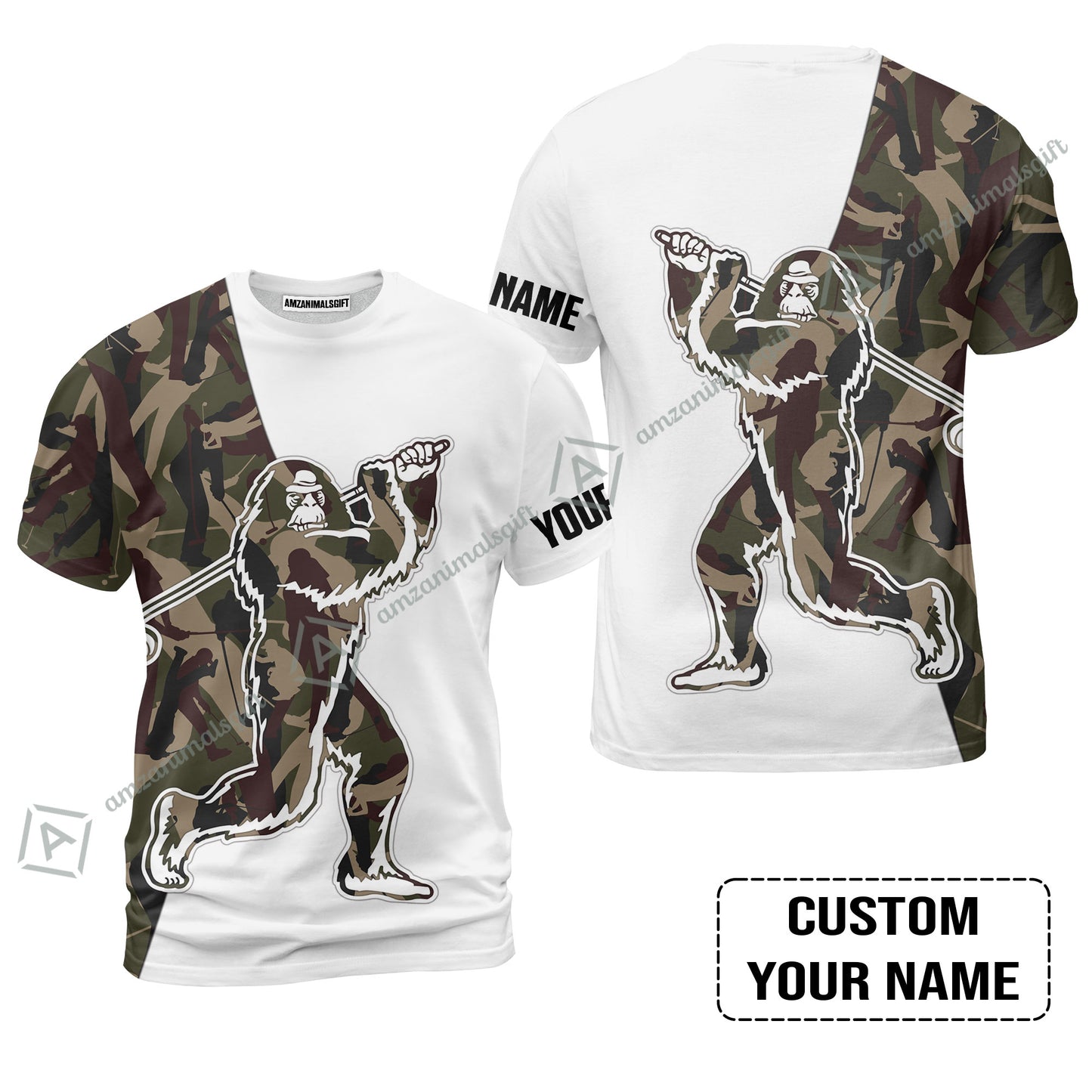 Custom Golf Men Polo Shirt - Funny Bigfoot Golf Polo Shirts, Camo Pattern Custom Name Sasquatch Playing Golf Apparel