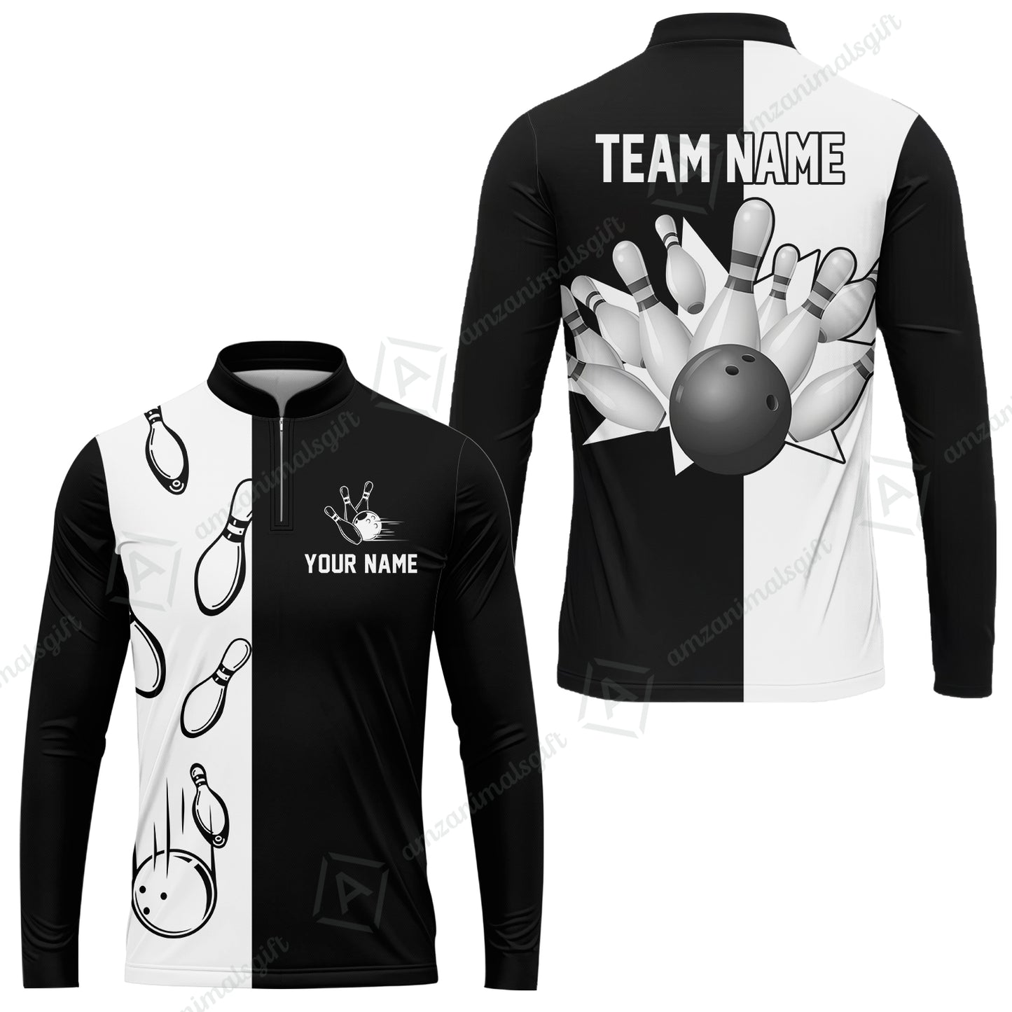 Bowling Custom Men's Long Sleeve Jersey - Custom Name Black and white retro vintage Bowling Personalized Long Sleeve Polo Shirt