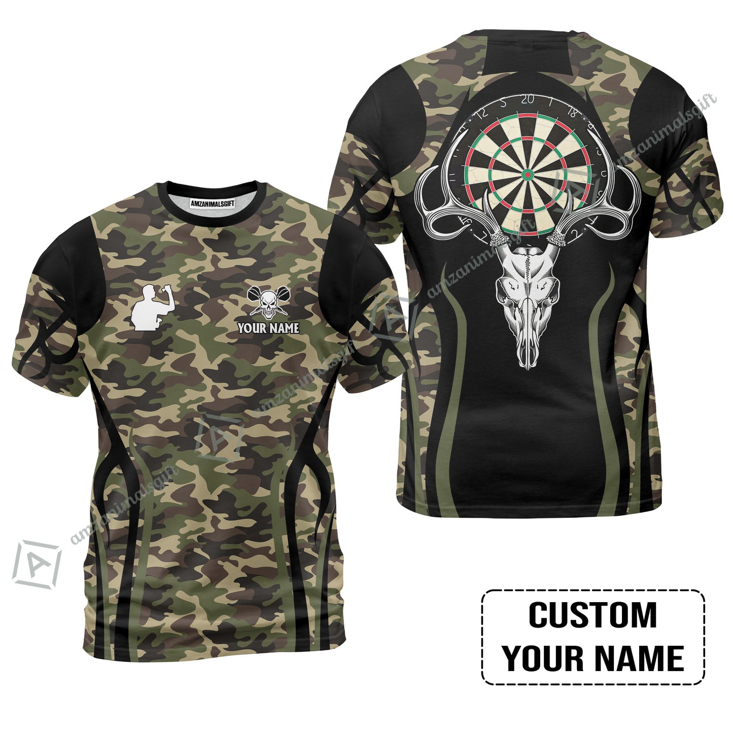 Darts Custom Name T-Shirt, Camo Skull Deer Dartboard Personalized T-Shirt - Gift For Darts Lovers, Friend, Darts Team Player