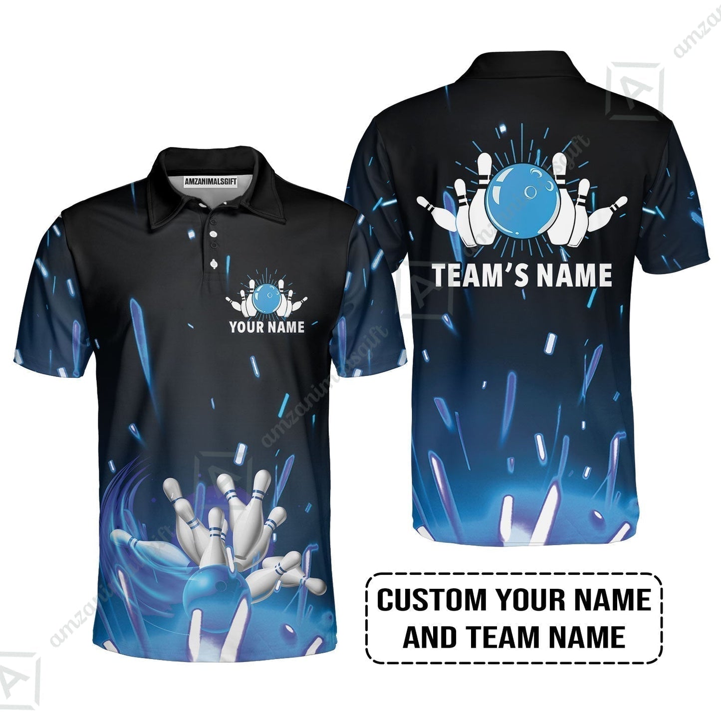 Bowling Custom Name T-Shirt - Blue Bowling Personalized T-Shirt - Gift For Friend, Family, Bowling Lovers