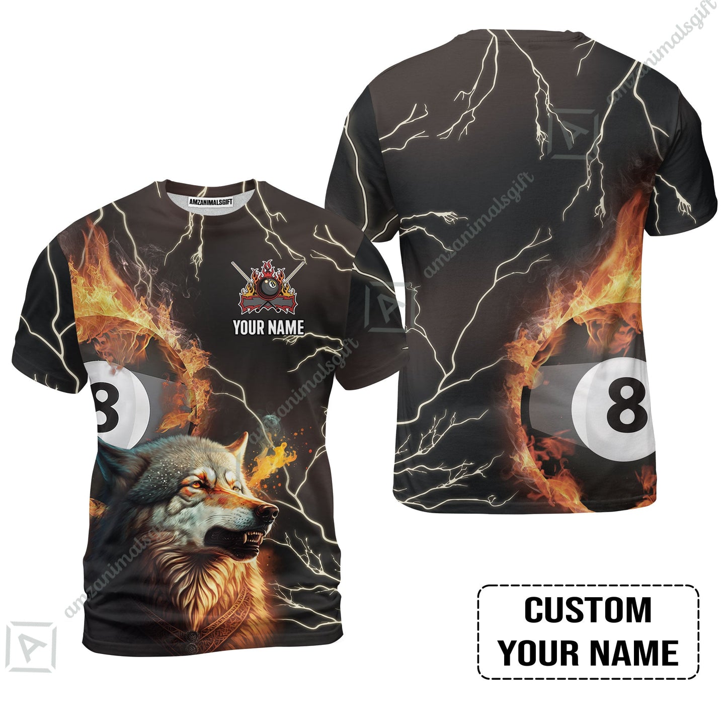 Custom Billiard Men Long Polo Shirt - Wolf On Fire Billiard Pool 8 Balls Personalized Name, Perfect Billiard Long Polo Shirt