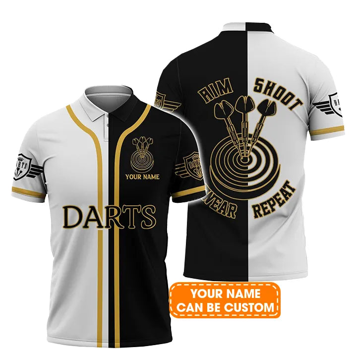 Darts Custom Name Men Polo Shirt, Aim Shoot Swear Repeat Personalized Men Polo Shirt Gift For Darts Lovers, Friend, Darts Team Player
