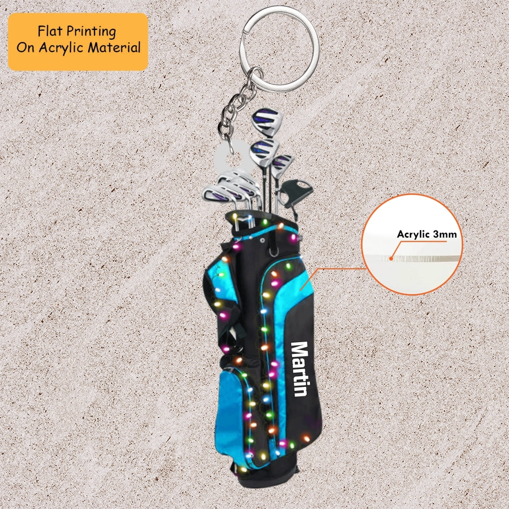 Personalized Golf Bag With Christmas Light Xmas Acrylic Ornament, Golf Bag Keychain, Car Ornament, Christmas Ornament Gifts