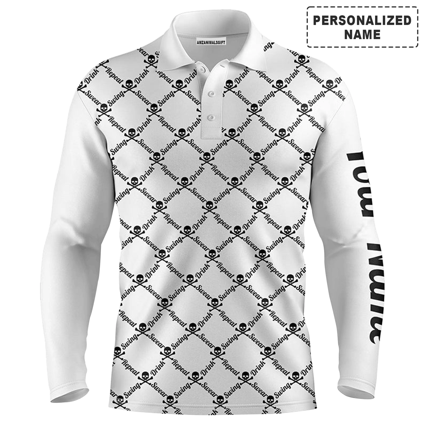 Custom Golf Long Sleeve Men Polo Shirt -Swing Swear Drink Repeat Skull Pattern Apparel-Personalized Gift For Golf Lover, Team, Husband, Boyfriend, Men