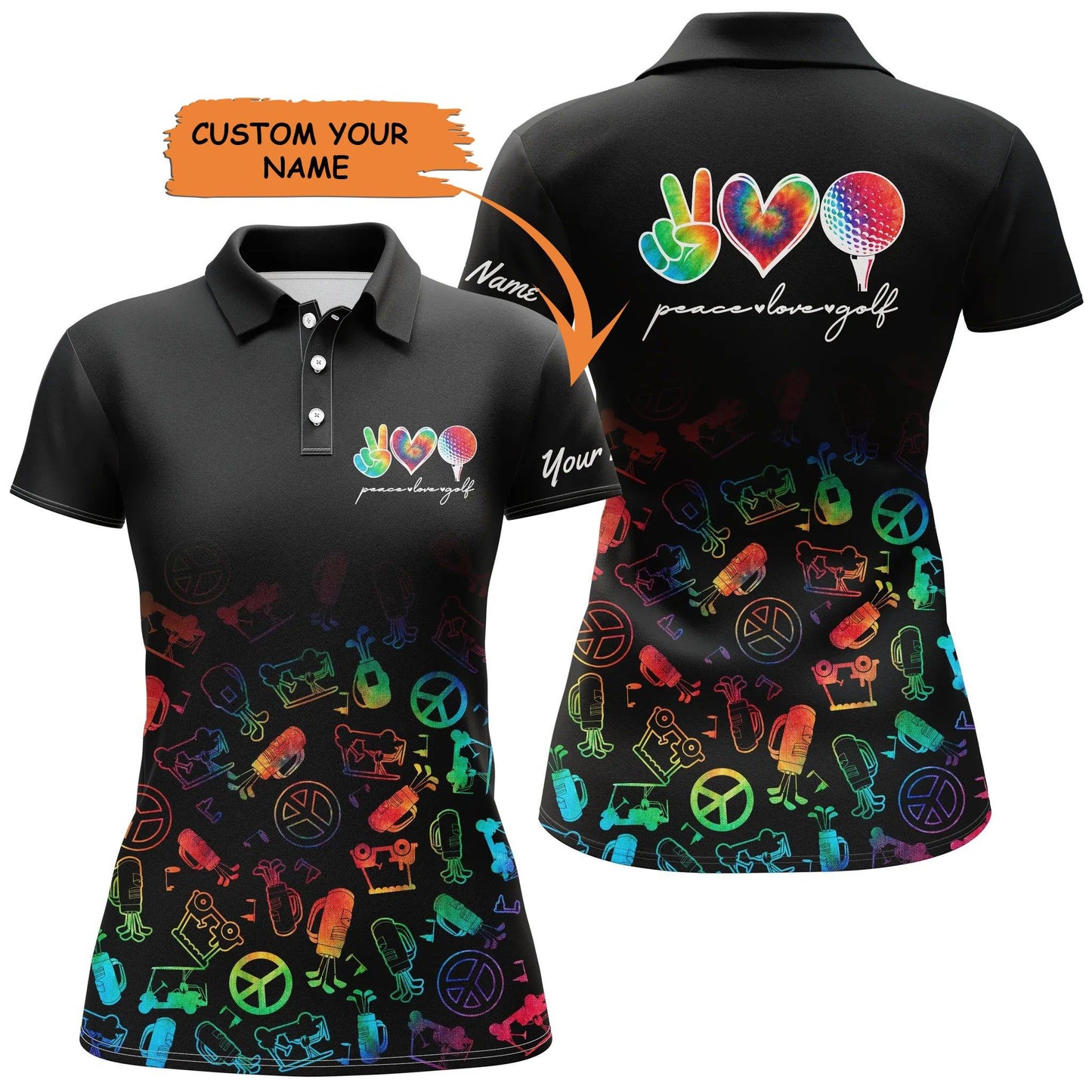 Golf Custom Name Women Polo Shirt, Watercolor Peace Love Golf Golf Icon Personalized Women Polo Shirt - Perfect Gift For Ladies, Golf Lovers, Golfers