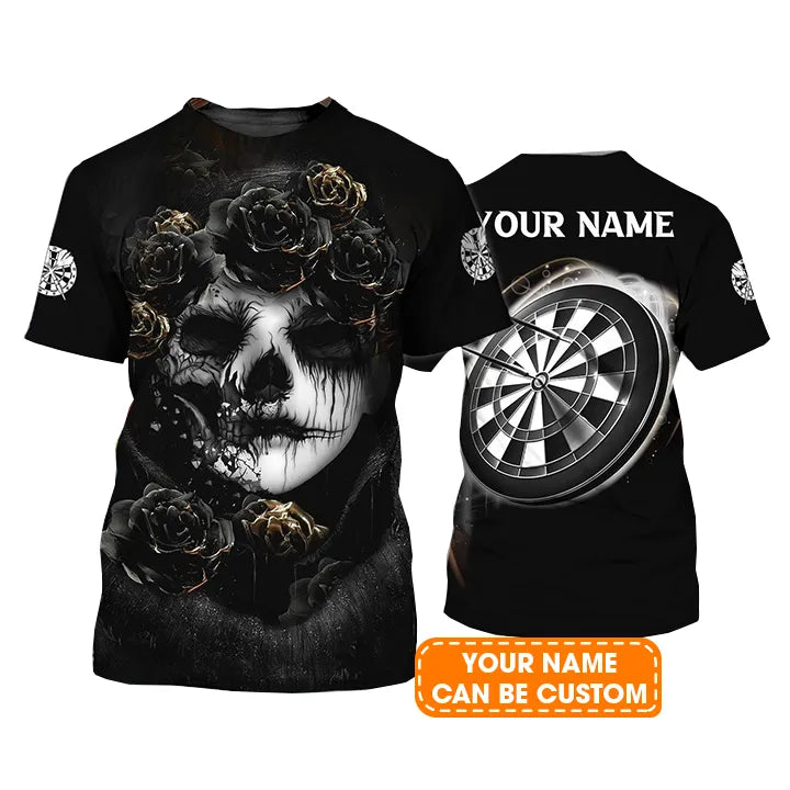 Customized Name Darts T Shirt, Flower Skull Girl And Dartboard Personalized T Shirt - Gift For Darts Lovers, Darts Player, Dart Team