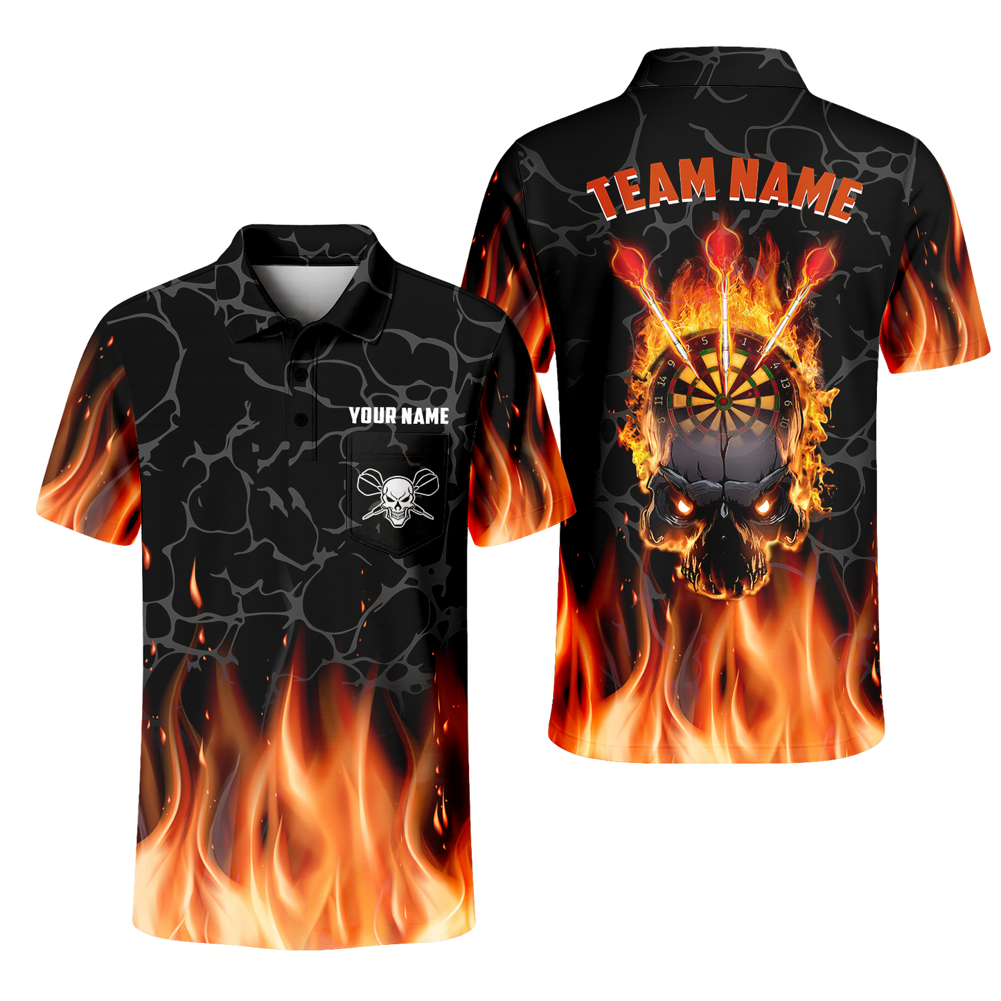 Personalized Darts Men Polo Shirt - Custom Name & Team Name Orange Flame Skull Darts Polo Shirt