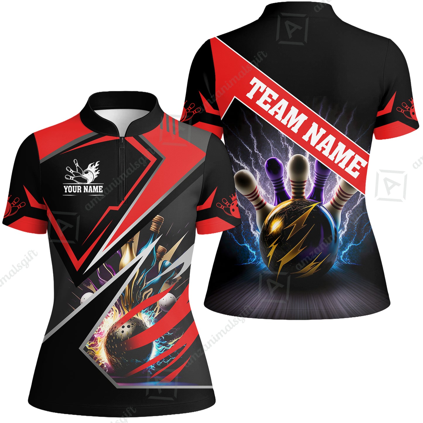 Customized Bowling Jersey Shirt, Bowling And Pins Premium Multicolor Option Customized Name And Team Zipper Polo Jerseys Shirts
