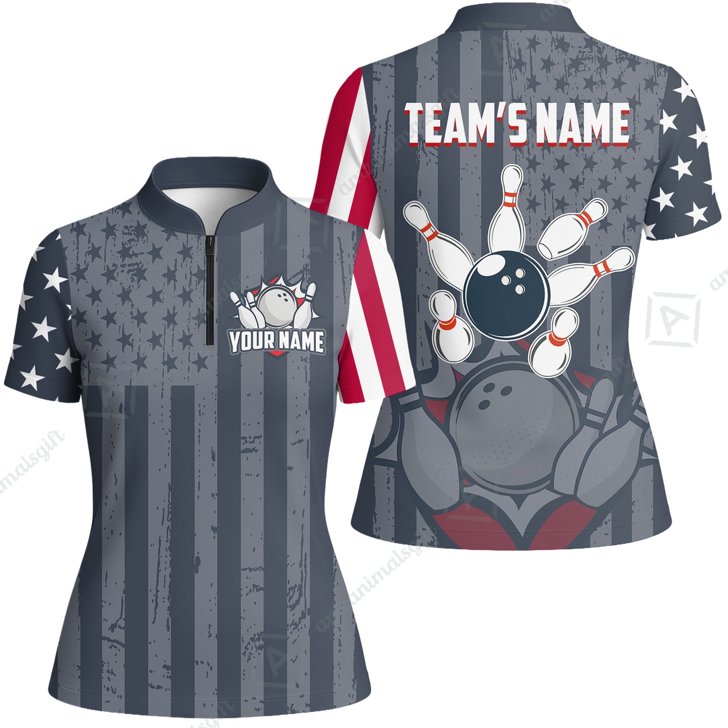 Customized Bowling Jersey Quarter-Zip Stand Collar Shirt, Bowling USA Flag Pattern Team Shirt For Men Women Bowlers