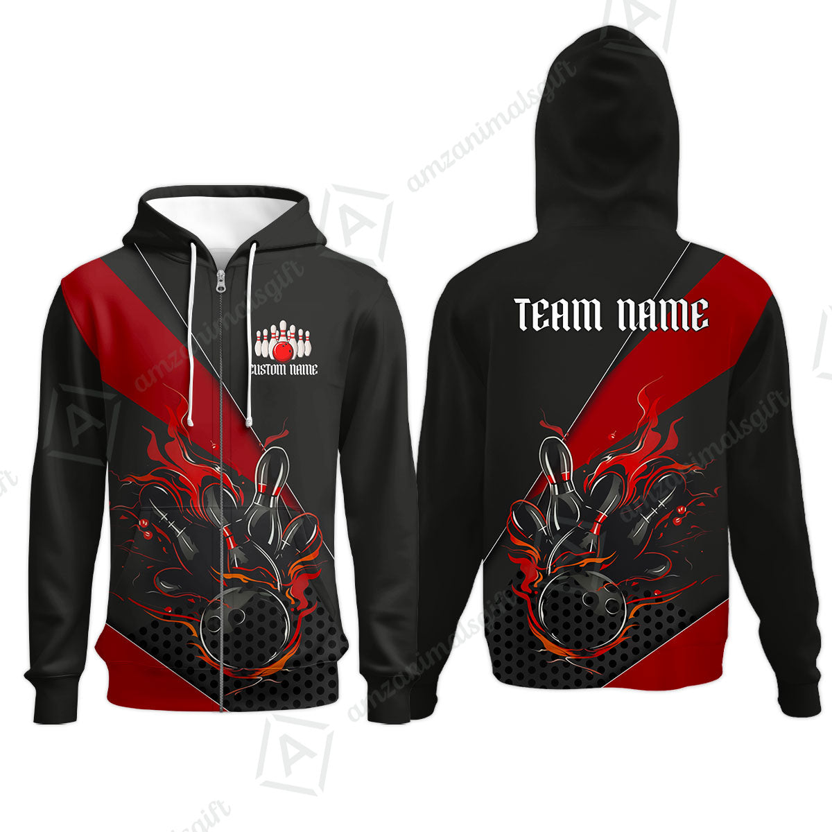 Customized Bowling Quarter-Zip Jersey Polo Shirts, Flaming Bowling Pins Esport Black Red Shirt For Tournament Team Men Women Bowlers