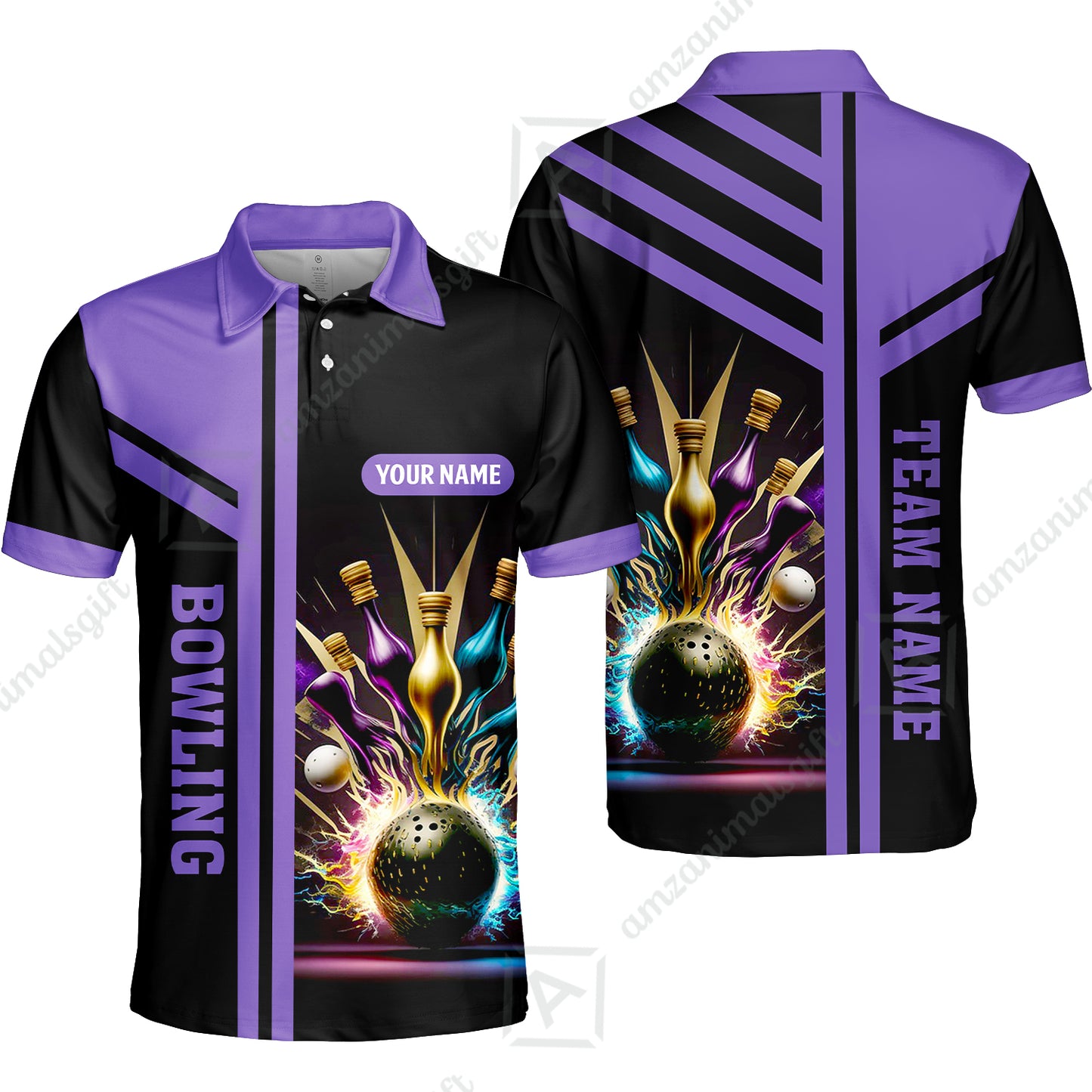 Customized Bowling Unisex Polo, Bowling And Pins Premium Professional Multicolor Option Customized Name And Team Zipper Polo Jerseys Shirts