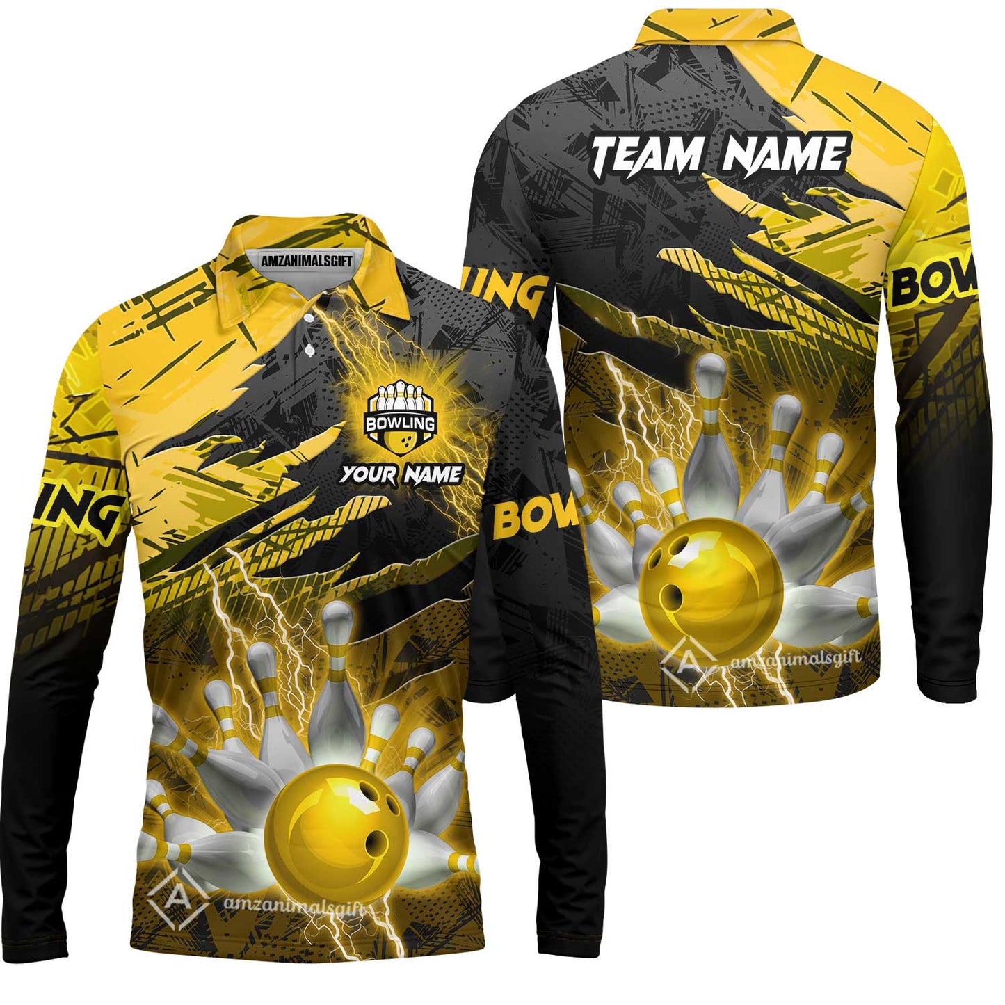 Customized Bowling Unisex Polo Shirt, Bowling And Pins Thunder Break Multicolor Option Customized Name And Team Name Zipper Polo Jerseys Shirts