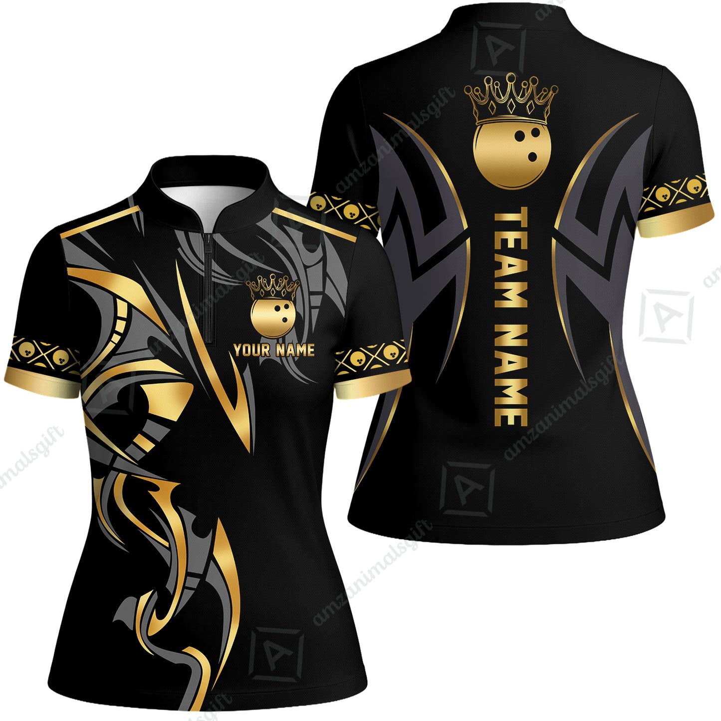 Custom Bowling Women Jersey Shirt, Bowling Uniforms Quarter-Zip Polo, Bowling Ball Crown Multicolor Options Personalized Name And Team Name