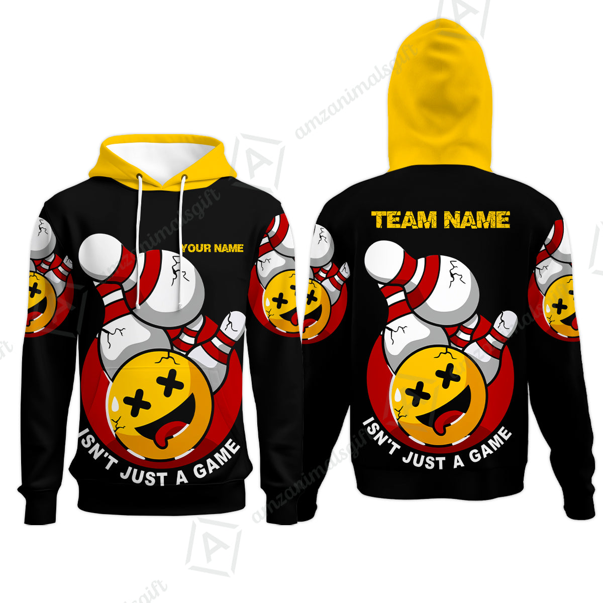 Custom Bowling Team Hoodie, Bowling Uniforms Black Summer Smiley Personalized Name And Team Name