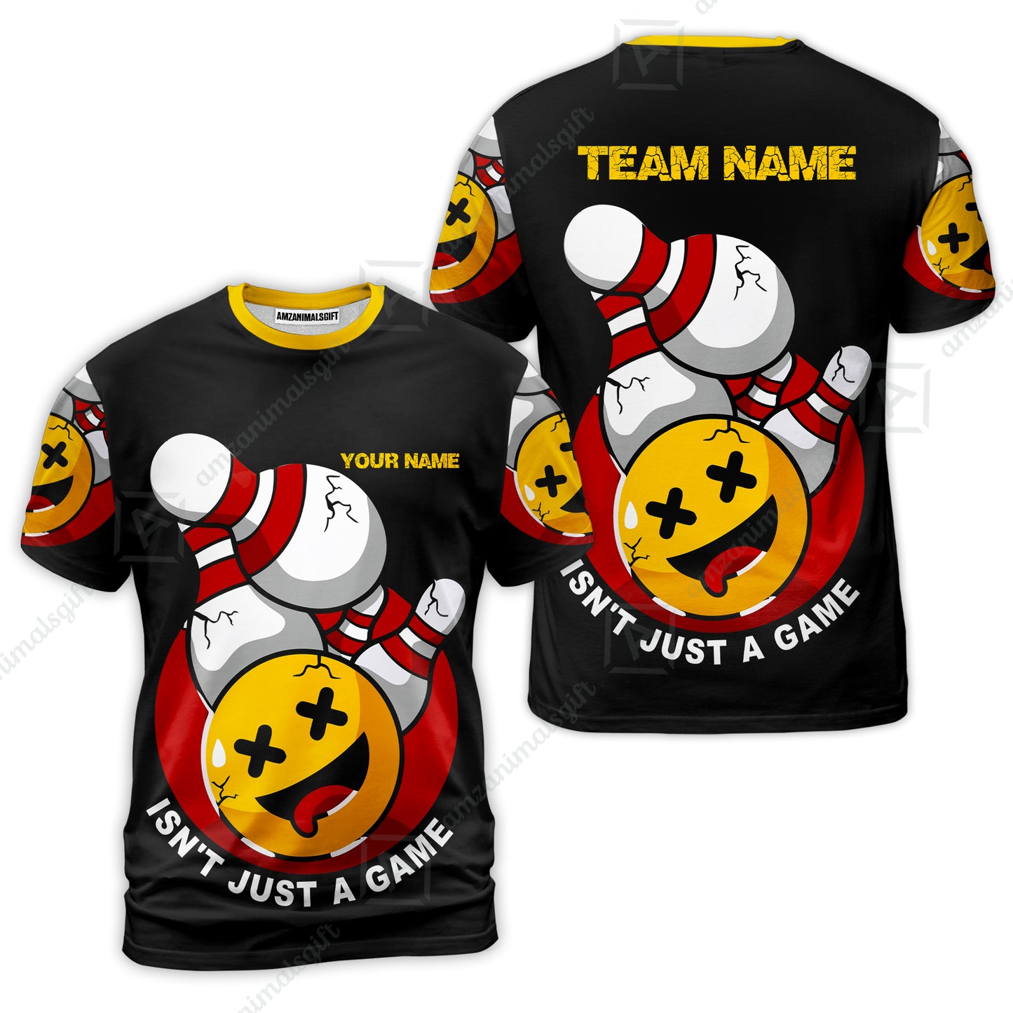 Custom Bowling Team T-Shirt, Bowling Uniforms Black Summer Smiley Personalized Name And Team Name