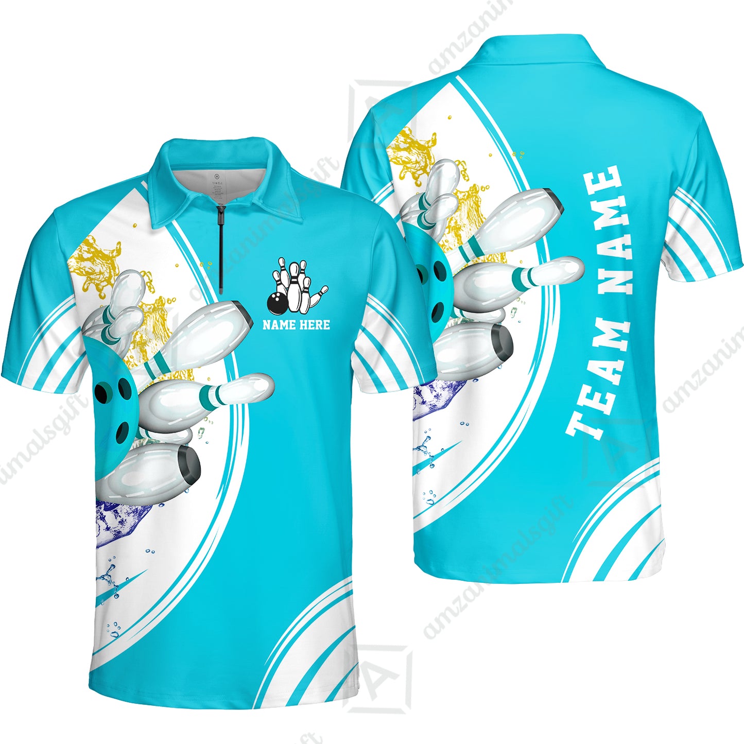 Custom Bowling Team Quarter-Zip Polo Shirts, Custom Cyan Red Blue Bowling Uniforms Jerseys, Personalized Name And Team Name