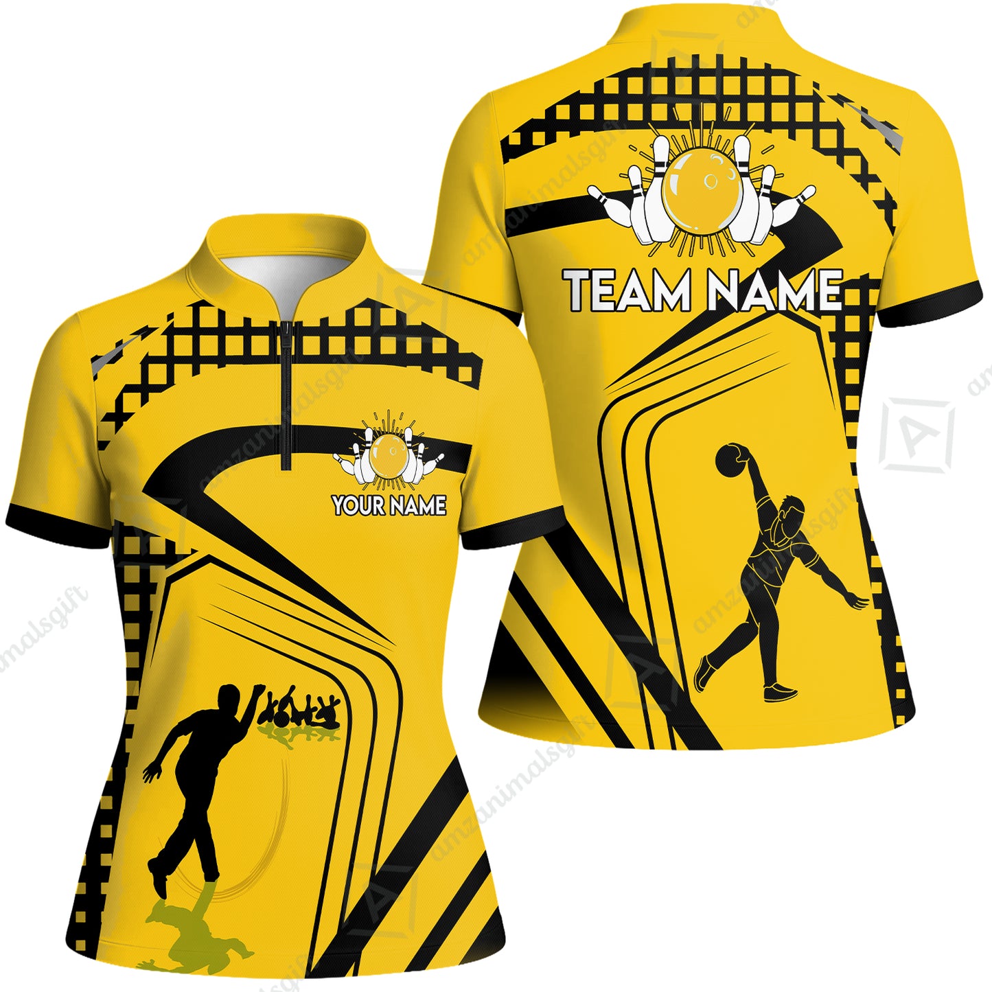 Customized Bowling Team Women Jersey Shirt, Yellow Slash Bowling Uniforms Personalized Name And Team Name For Bowlers