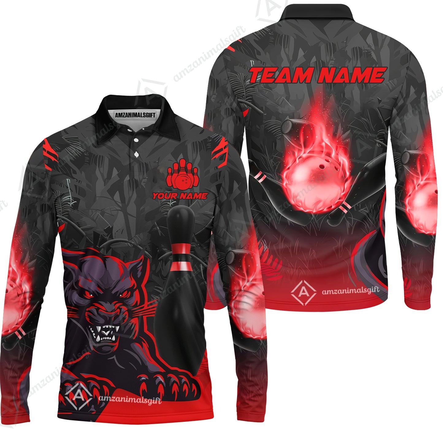 Personalized Bowling Team Long Sleeve Polo Shirt With Black Panther And Pin, Custom Name And Team Name For Bowlers