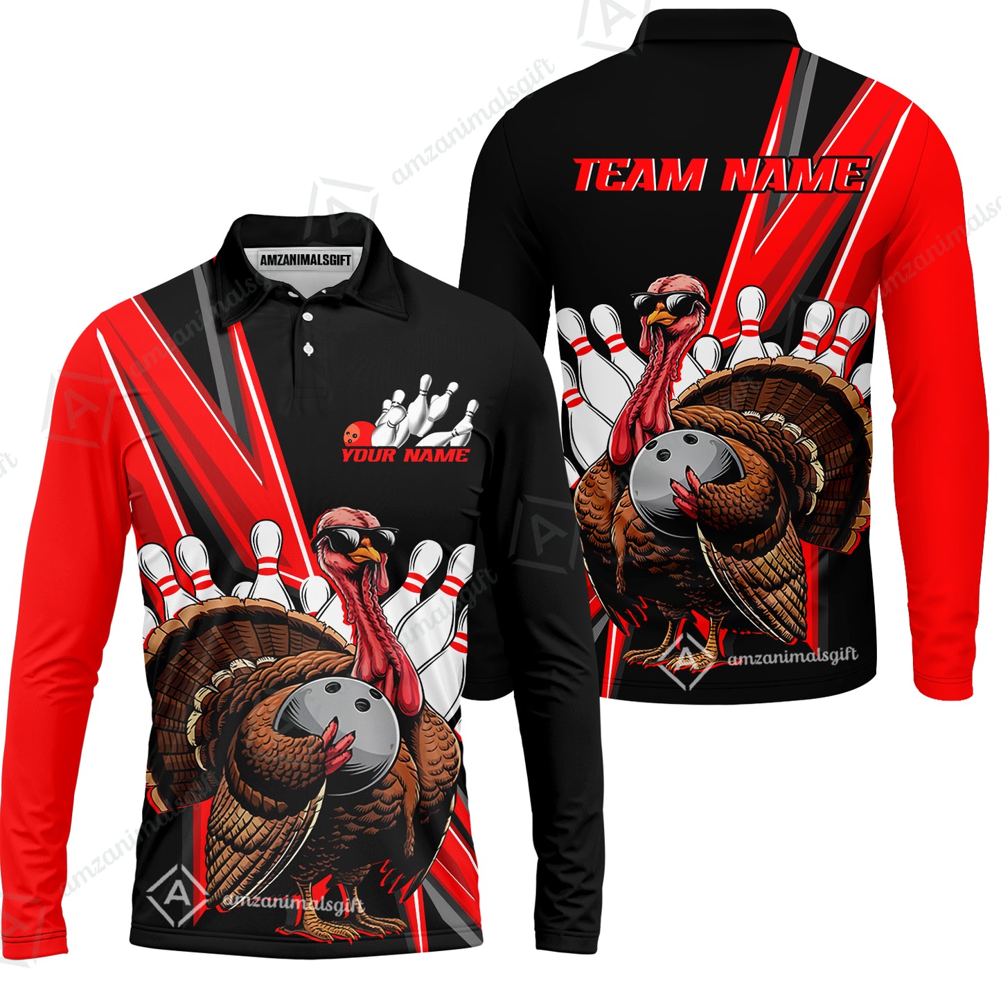 Personalized Bowling Black And Red Awesome Turkey Long Sleeve Polo Shirt , Thanksgiving Bowling Uniforms With Name, Team Name
