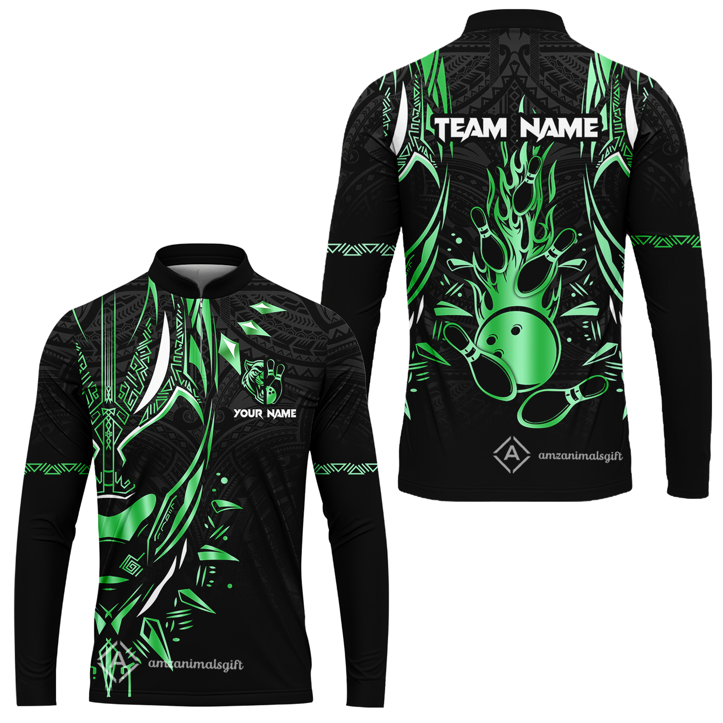 Custom Black Bowling Team Jersey, Panther Forever Bowling Jersey Multicolor Polo Quarter-Zip Shirts, Custom Bowling Uniforms Jerseys