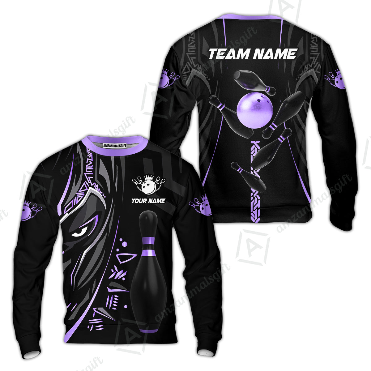 Customized Bowling Team Sweatshirt Bowling Ball & Pins Black Panther, Personalized Name Multicolor Shirt For Bowlers