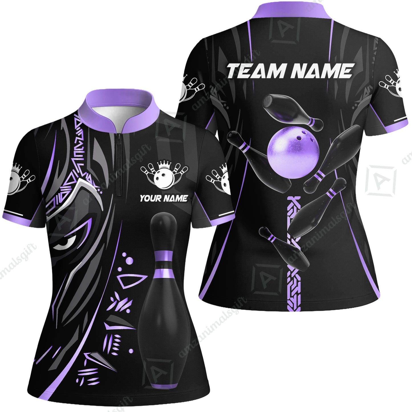 Customized Bowling Team Women Jersey Shirt Bowling Ball & Pins Black Panther, Personalized Name Multicolor Shirt For Bowlers