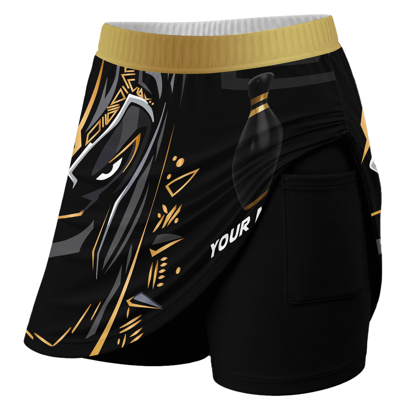 Customized Bowling Trouser Skirts With Shorts Underneath, Bowling Ball & Pins Black Panther Pro Sport Skorts With Pockets
