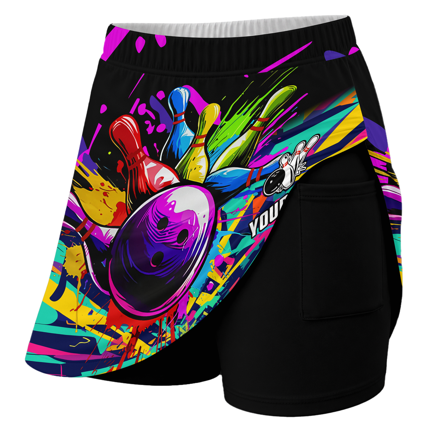 Customized Bowling Trouser Skirts With Shorts Underneath, Bowling Rainbow Multicolor Paint Brushes Skorts With Pockets