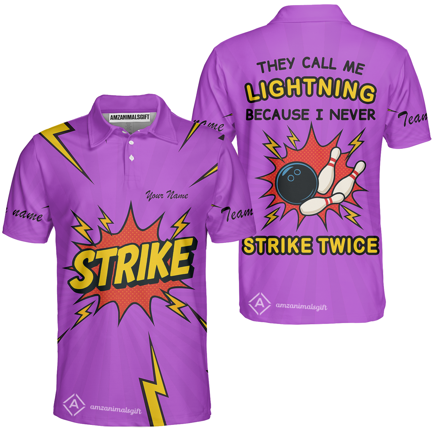 Customized Bowling Team Unisex Polo Shirt, They Call Me Lightning Because I Never Strike Twice Comic Style Polo Shirt