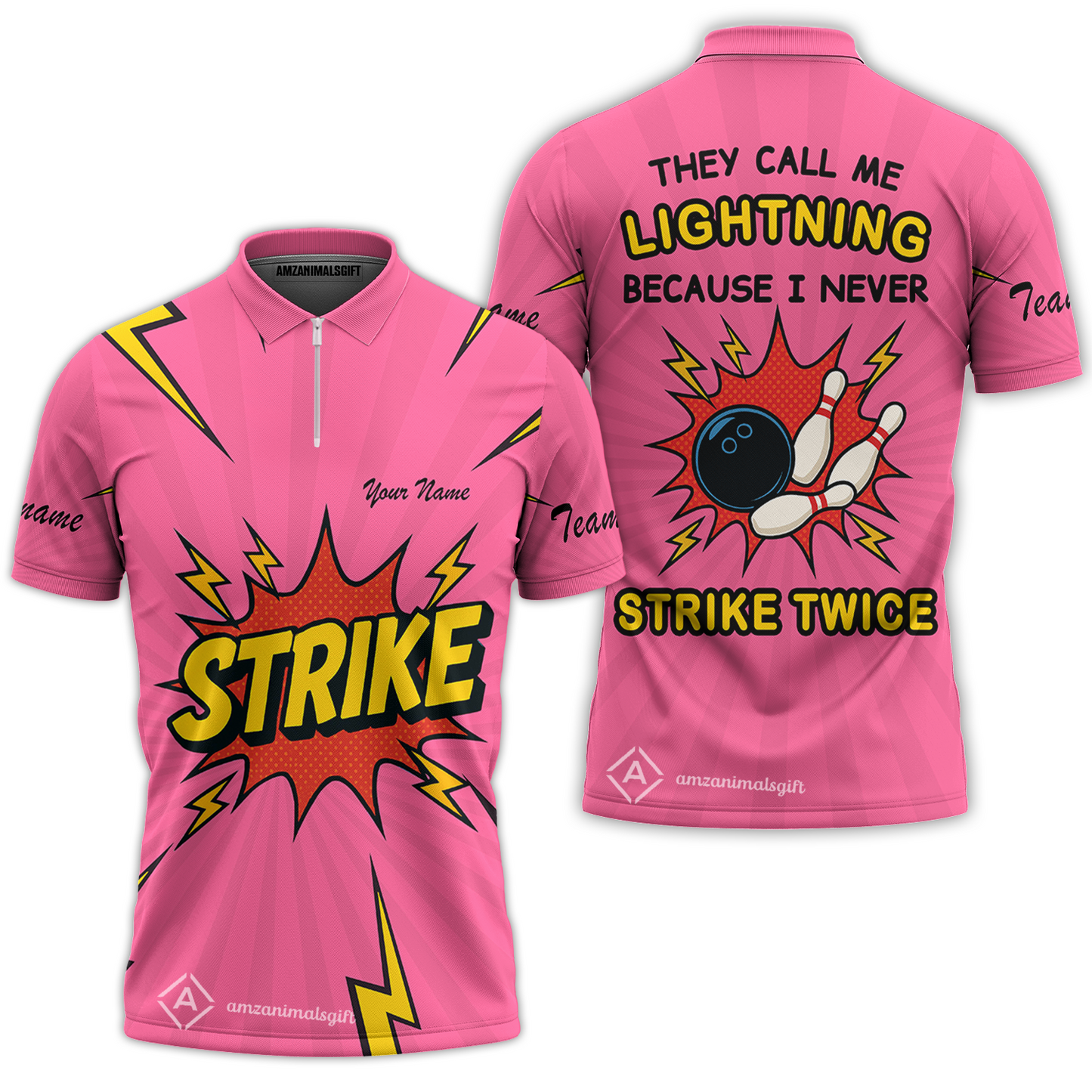 Customized Bowling Quarter-Zip Polo Shirt, They Call Me Lightning Because I Never Strike Twice Comic Style Zip Polo Shirt