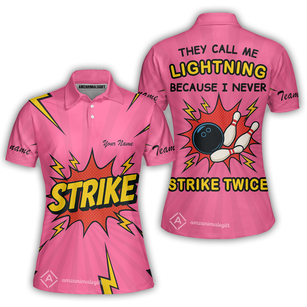 Customized Bowling Women Polo Shirt, They Call Me Lightning Because I Never Strike Twice Comic Style Women Polo Shirt