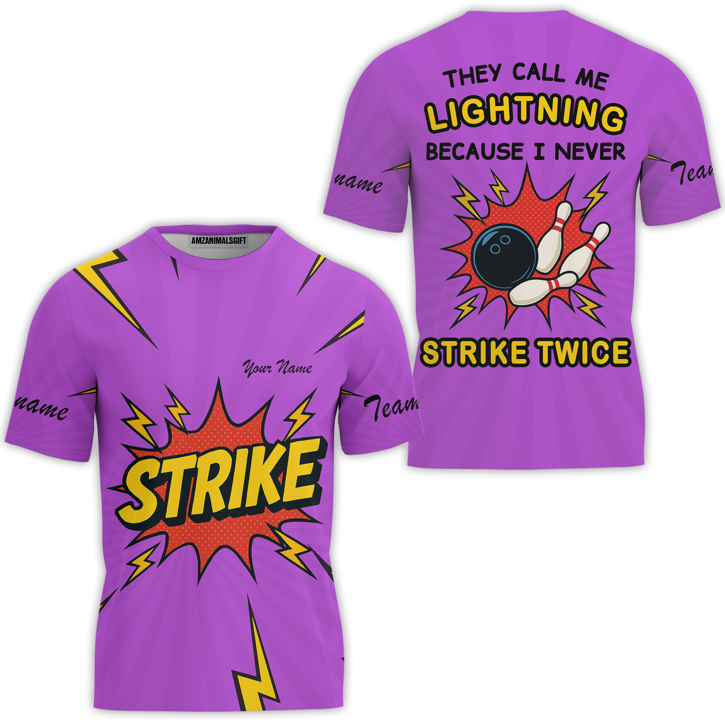 Customized Bowling Team T-Shirt, They Call Me Lightning Because I Never Strike Twice Comic Style T-Shirt For Bowlers