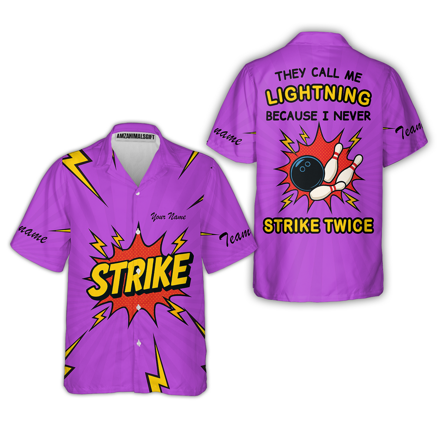Customized Bowling Team Button Up Shirt, They Call Me Lightning Because I Never Strike Twice Comic Style Hawaiian Shirt
