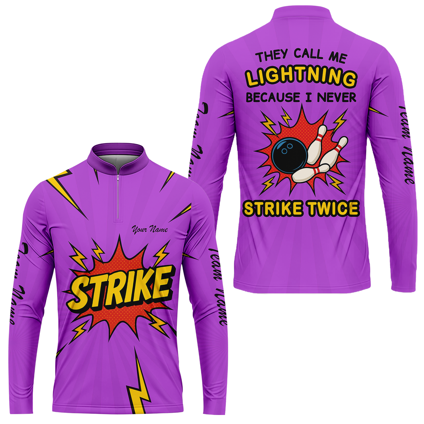 Customized Bowling Stand Collar Quarter-Zip Long Sleeve Shirt, They Call Me Lightning Because I Never Strike Twice Comic Style