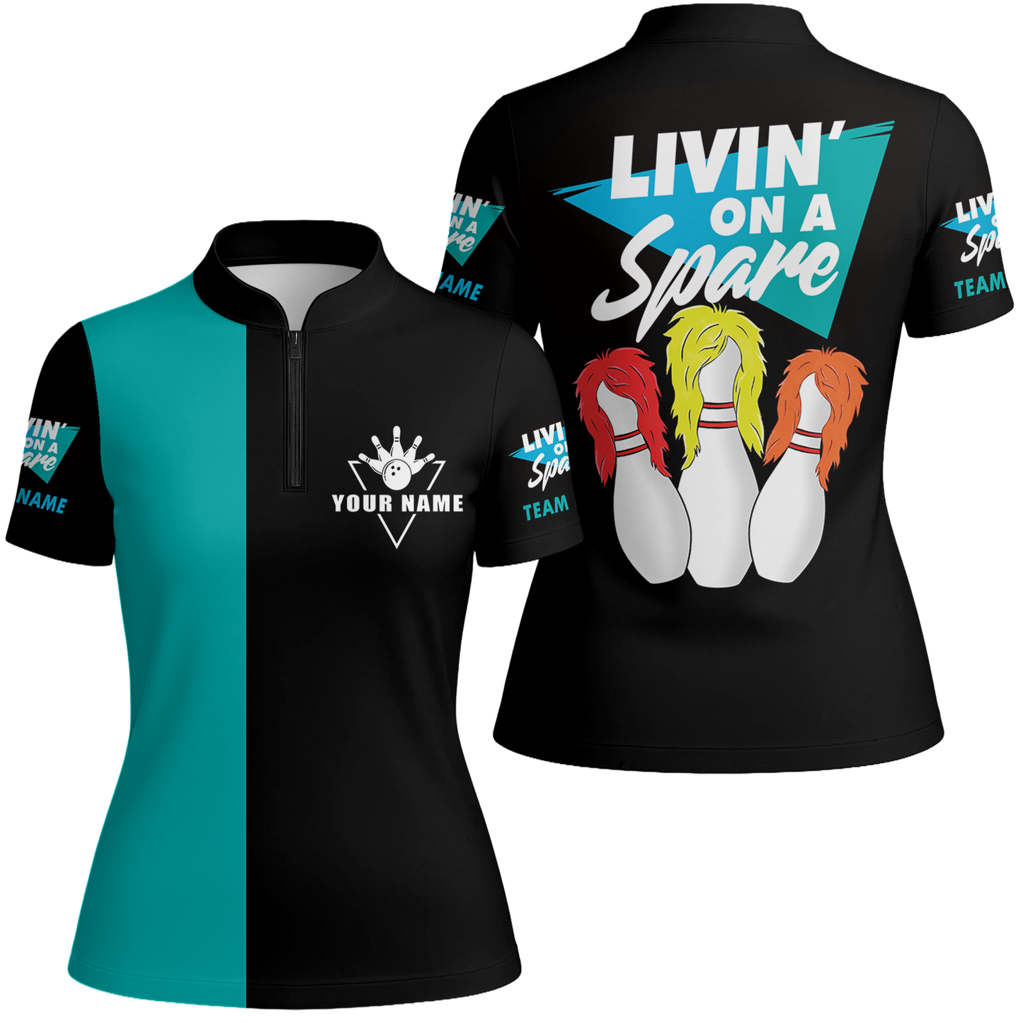 Customized Bowling Team Women Jersey, Bowling Livin' On A Spare Women's Stand Collar Quarter-Zip Jersey For Bowler