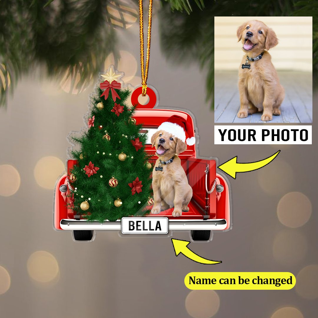 Dog On Truck Christmas Ornament Customized Name And Photo Custom Shape Acrylic Ornament for Dog Lover